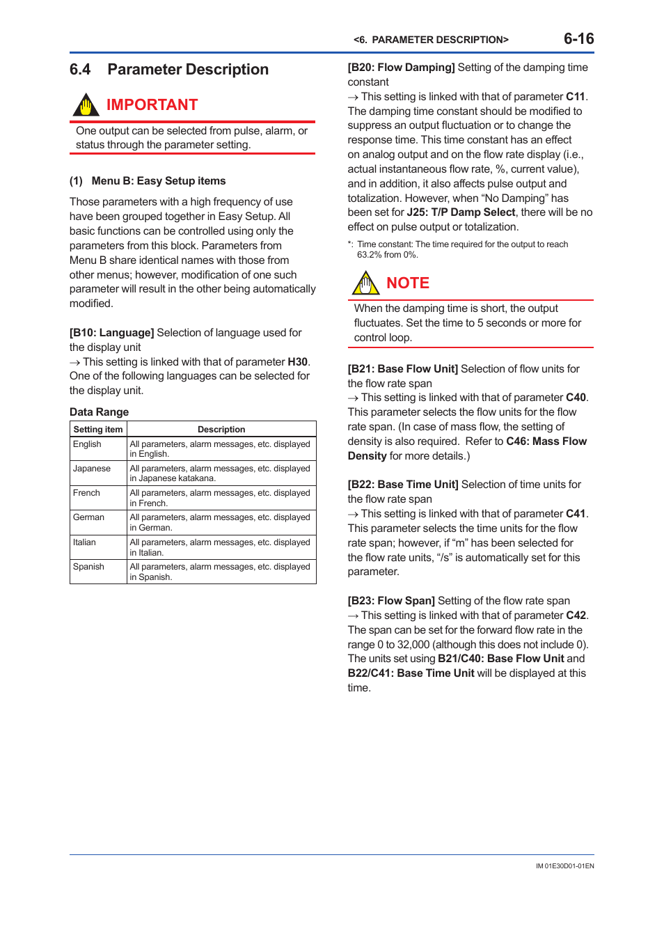 4 parameter description, Parameter description -16, 4 parameter description important | Yokogawa ADMAG AXR User Manual | Page 64 / 194