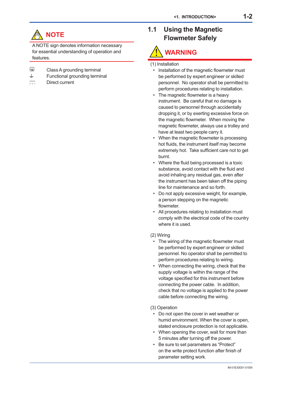 1 using the magneticflowmeter safely, Using the magnetic flowmeter safely -2, 1 using the magnetic flowmeter safely warning | Yokogawa ADMAG AXR User Manual | Page 8 / 194