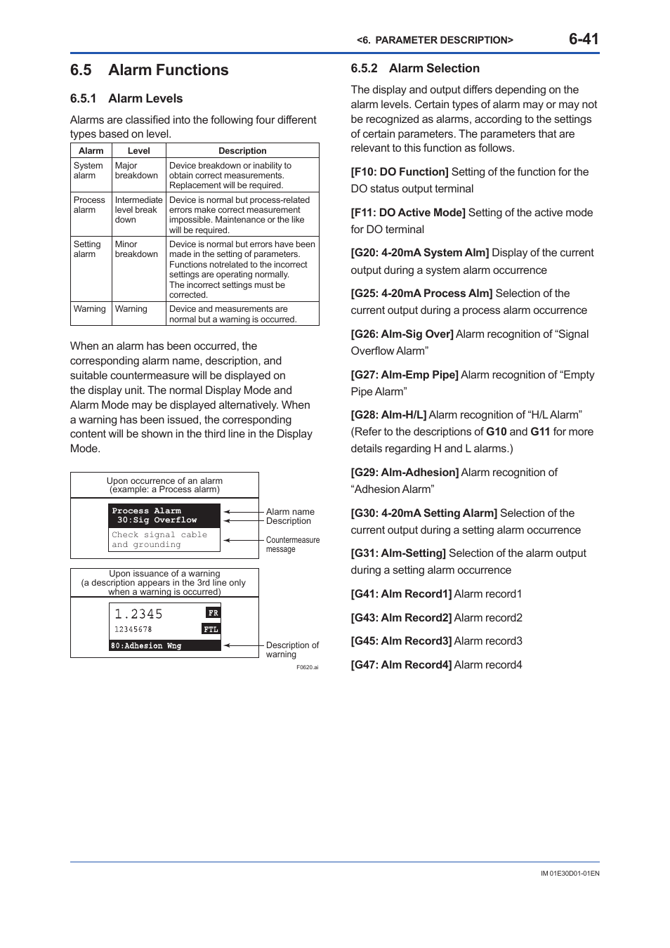 5 alarm functions, 1 alarm levels, 2 alarm selection | Alarm functions -41 6.5.1, Alarm levels -41, Alarm selection -41 | Yokogawa ADMAG AXR User Manual | Page 89 / 194