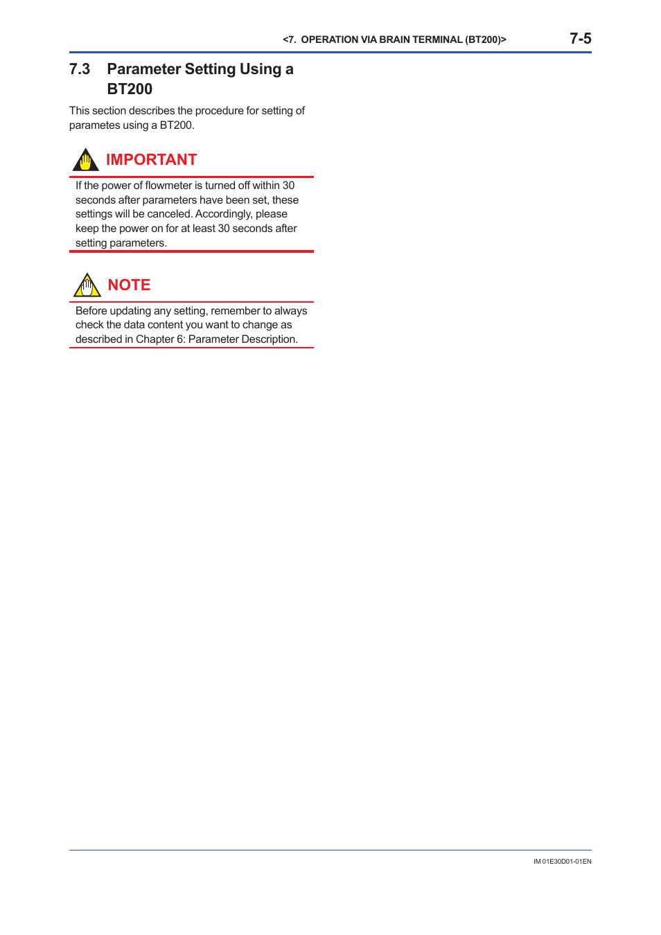 3 parameter setting using abt200, Parameter setting using a bt200 -5, 3 parameter setting using a bt200 | Important | Yokogawa ADMAG AXR User Manual | Page 99 / 194