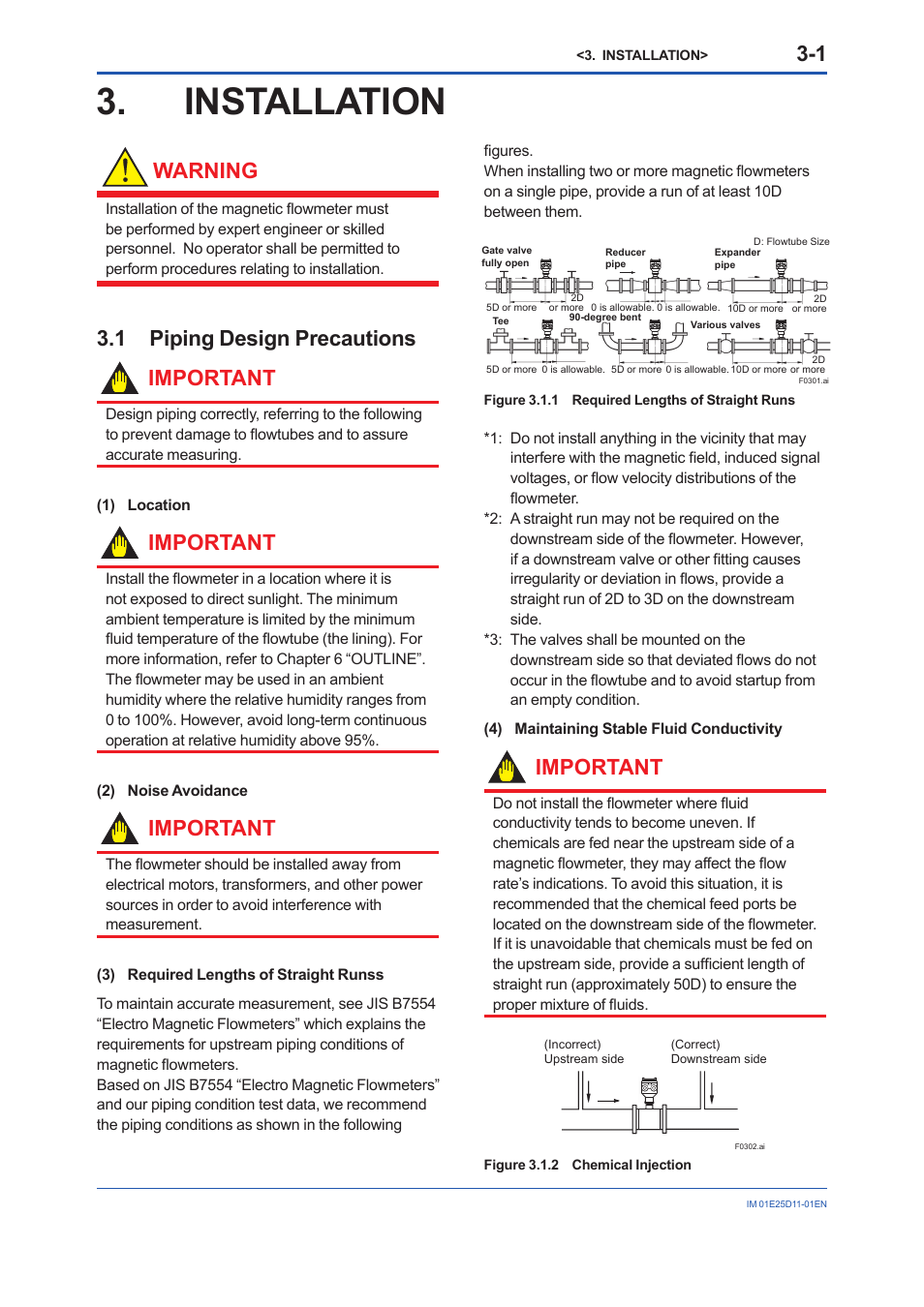 Installation, 1 piping design precautions, Installation -1 | Piping design precautions -1, Warning, 1 piping design precautions important, Important | Yokogawa ADMAG AXW User Manual | Page 10 / 52