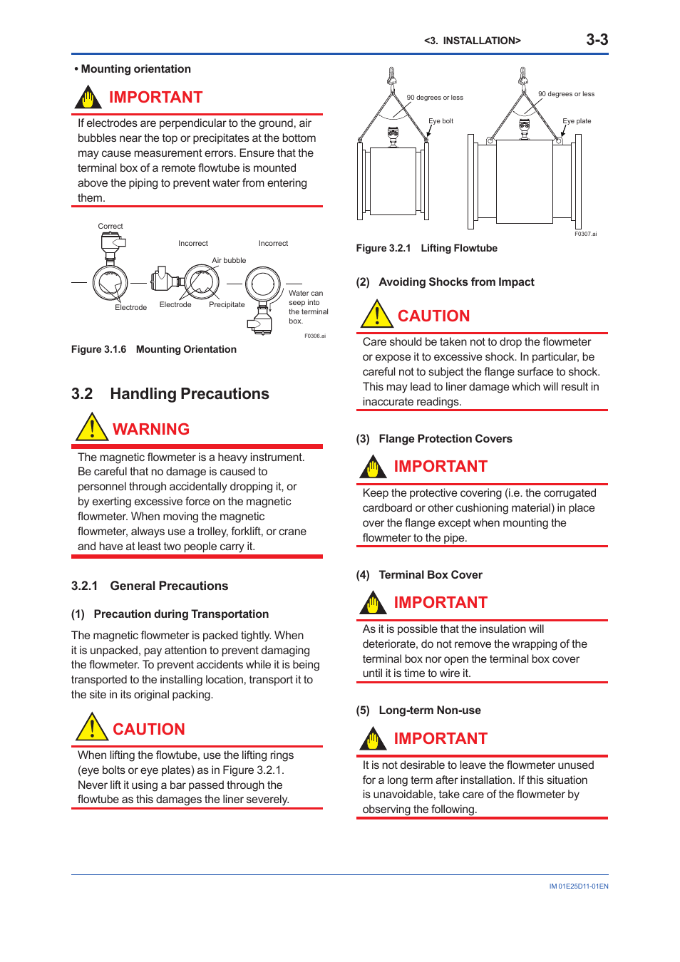 2 handling precautions, 1 general precautions, Handling precautions -3 3.2.1 | General precautions -3, Important, 2 handling precautions warning, Caution | Yokogawa ADMAG AXW User Manual | Page 12 / 52