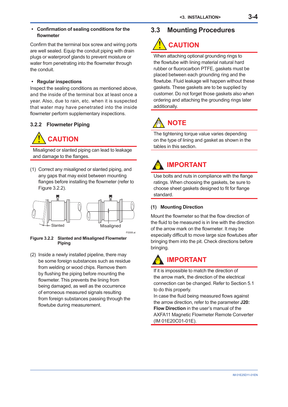 2 flowmeter piping, 3 mounting procedures, Flowmeter piping -4 | Mounting procedures -4, Caution, 3 mounting procedures caution, Important | Yokogawa ADMAG AXW User Manual | Page 13 / 52