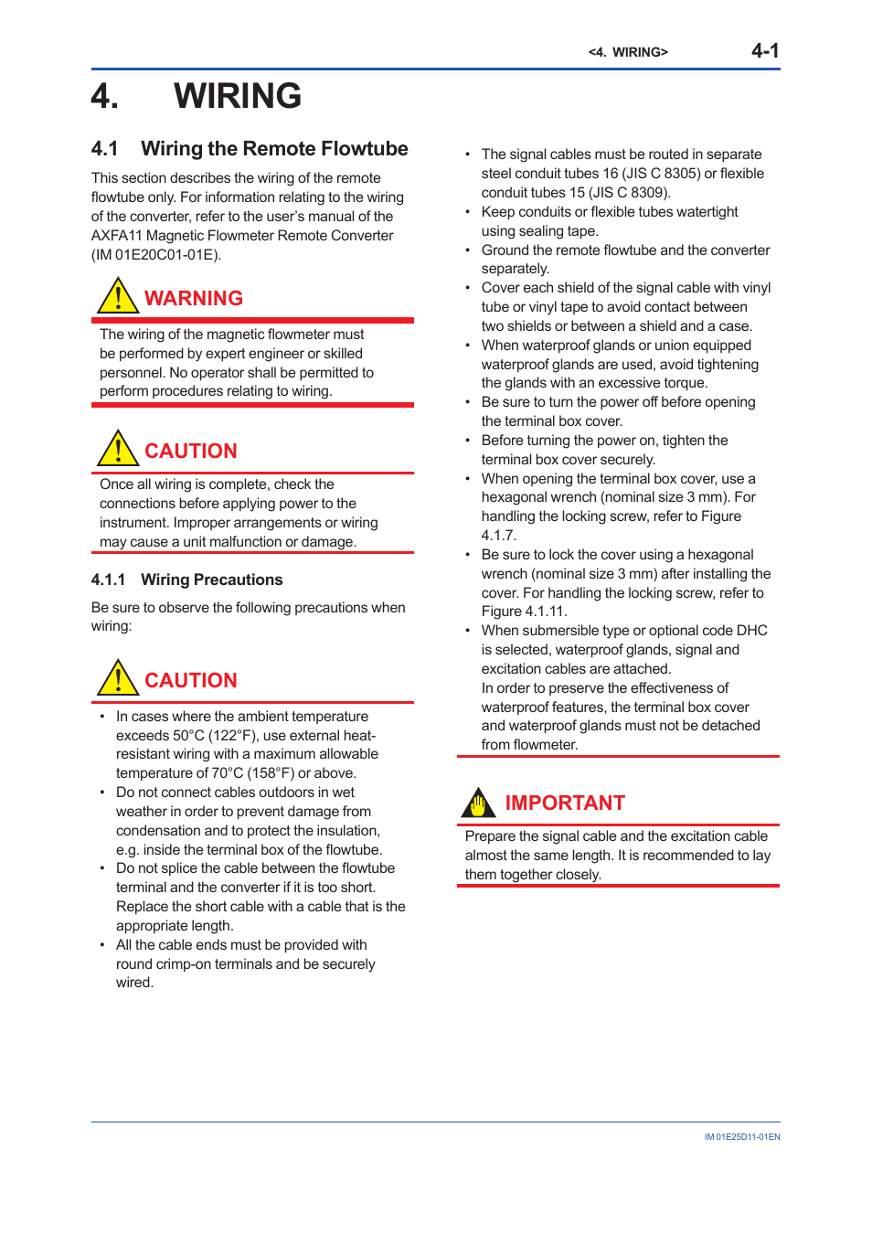 Wiring, 1 wiring the remote flowtube, 1 wiring precautions | Wiring -1, Wiring the remote flowtube -1 4.1.1, Wiring precautions -1, Warning, Caution, Important | Yokogawa ADMAG AXW User Manual | Page 20 / 52