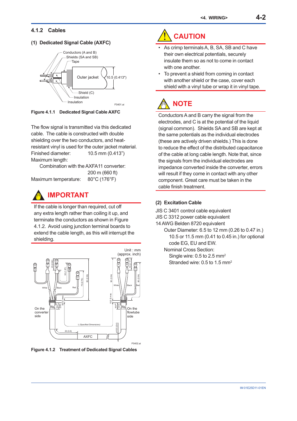 2 cables, Cables -2, Important | Caution, 1) dedicated signal cable (axfc), Stranded wire: 0.5 to 1.5 mm | Yokogawa ADMAG AXW User Manual | Page 21 / 52