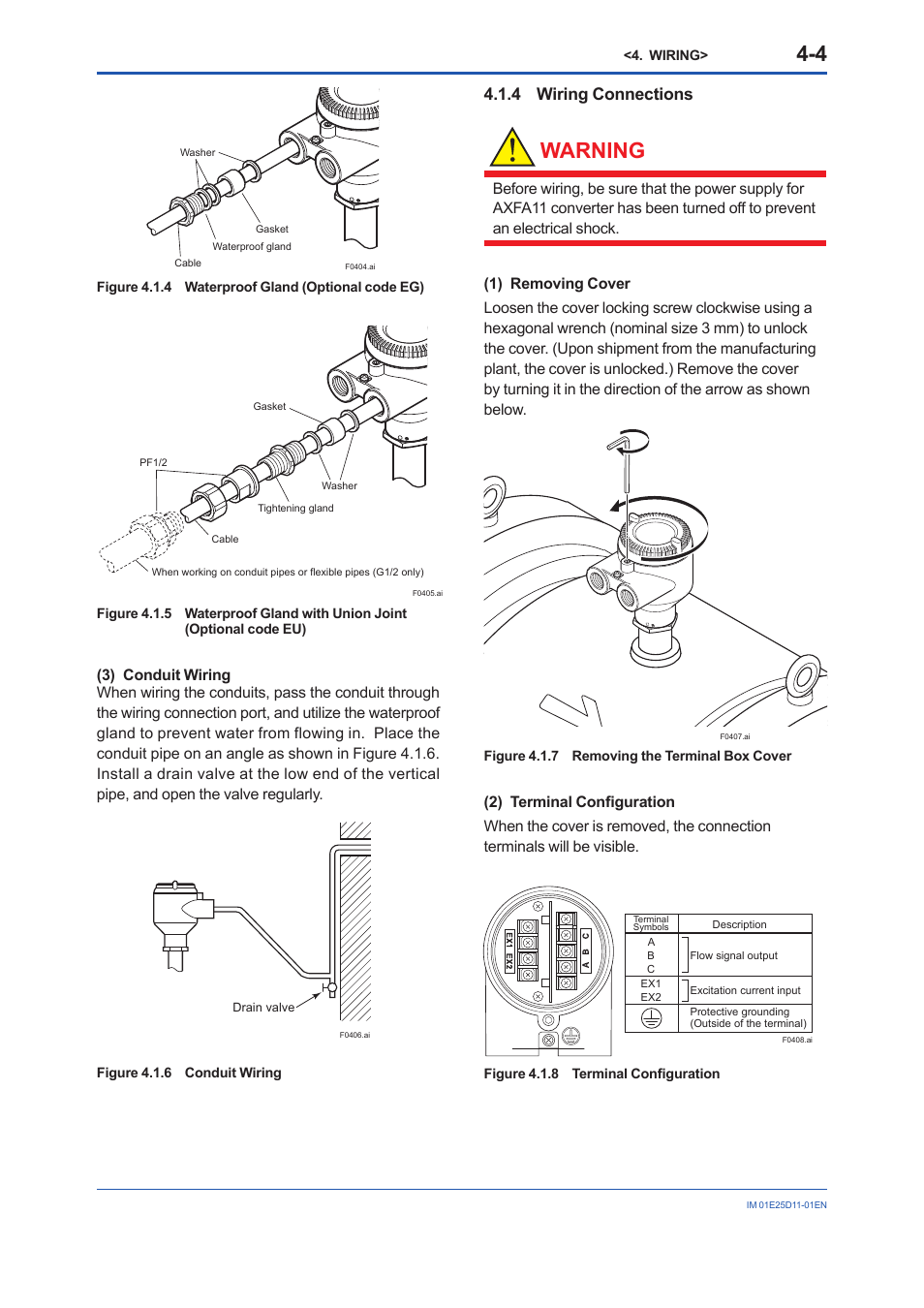 4 wiring connections, Wiring connections -4, Warning | Yokogawa ADMAG AXW User Manual | Page 23 / 52