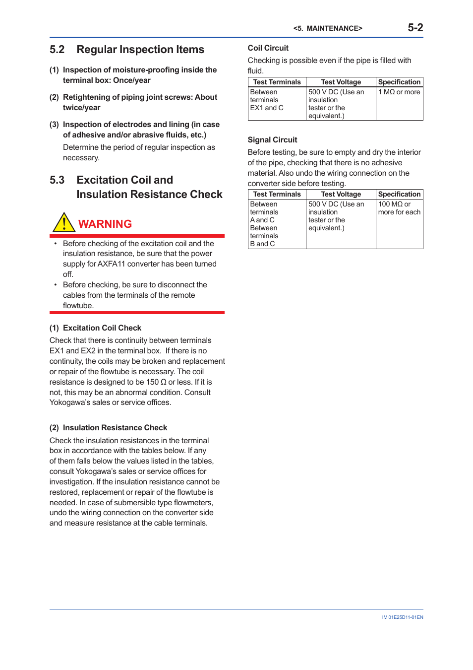 2 regular inspection items, 3 excitation coil and insulation resistance check, Regular inspection items -2 | Excitation coil and insulation resistance check -2 | Yokogawa ADMAG AXW User Manual | Page 27 / 52