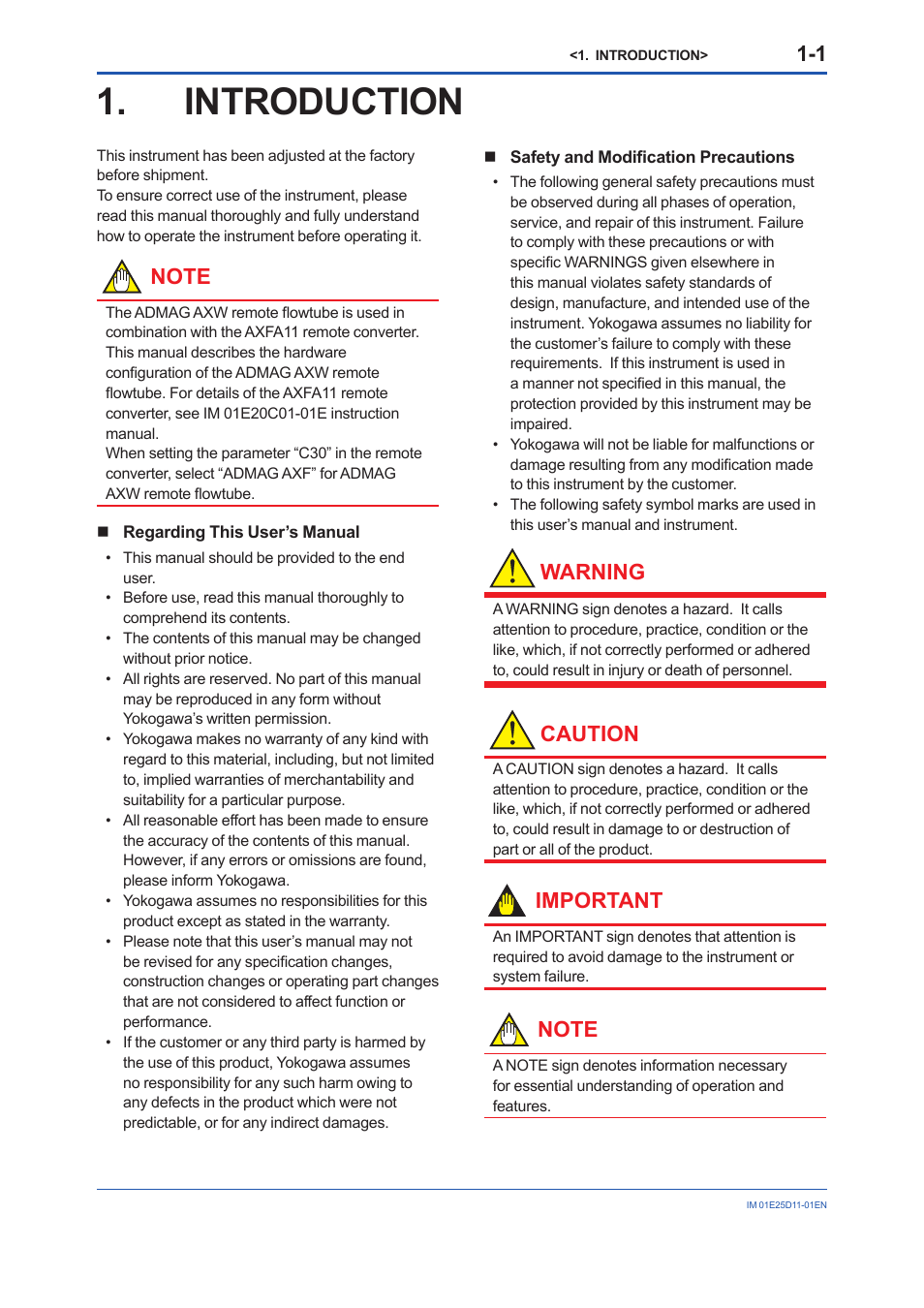 Introduction, Introduction -1, Warning | Caution, Important | Yokogawa ADMAG AXW User Manual | Page 4 / 52