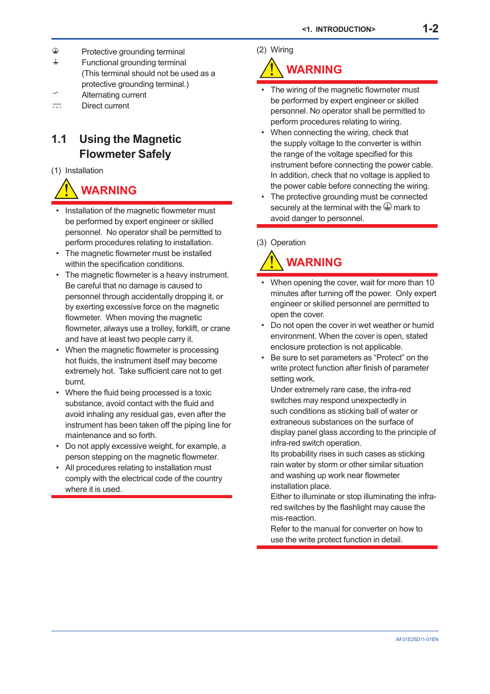 1 using the magnetic flowmeter safely, Using the magnetic flowmeter safely -2, Warning | Yokogawa ADMAG AXW User Manual | Page 5 / 52