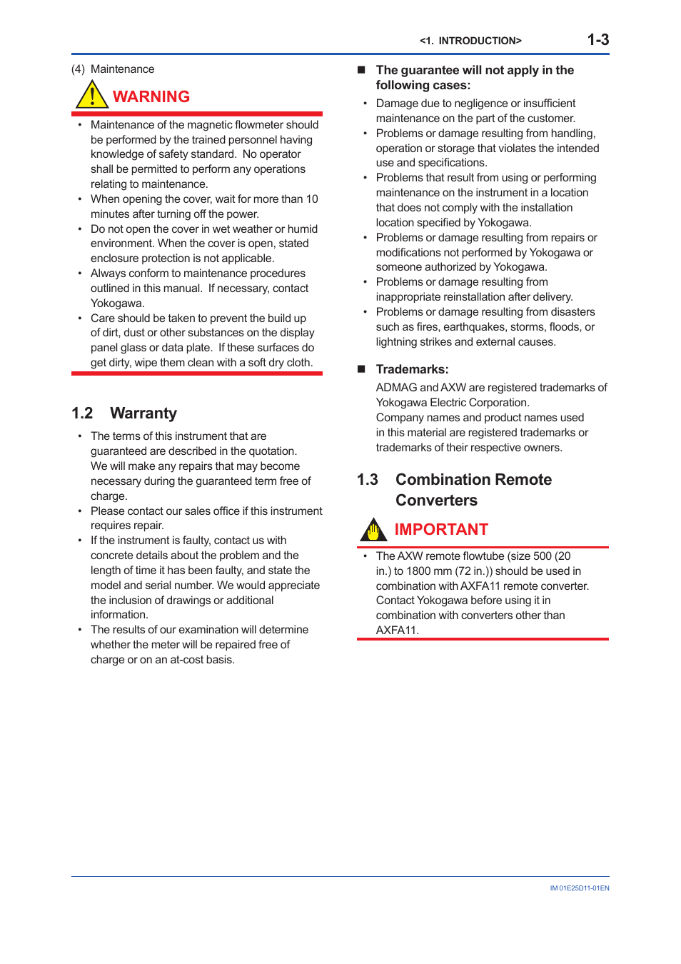 2 warranty, 3 combination remote converters, Warranty -3 | Combination remote converters -3, Warning, 3 combination remote converters important | Yokogawa ADMAG AXW User Manual | Page 6 / 52