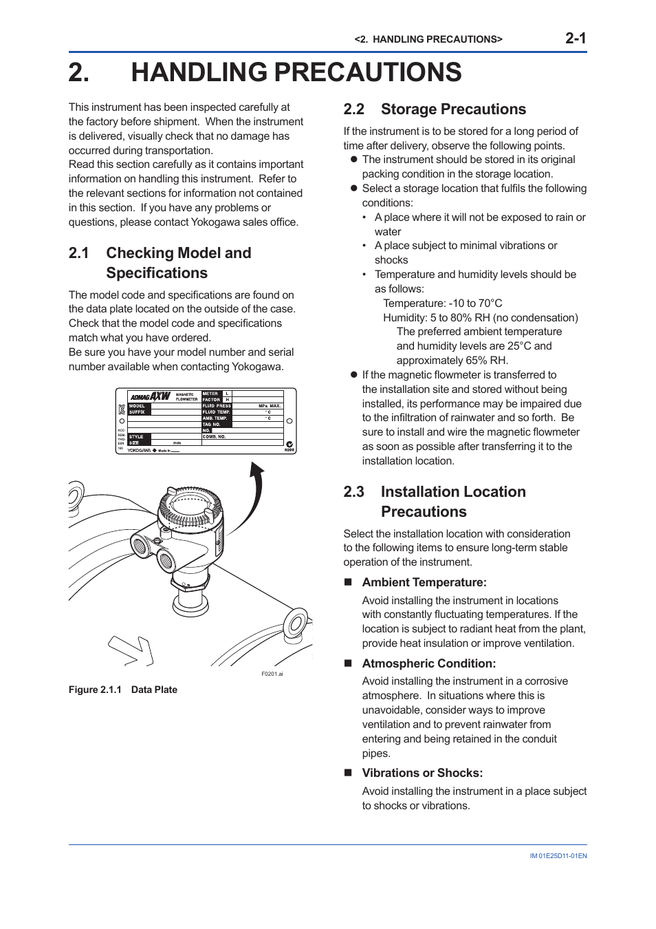 Handling precautions, 1 checking model and specifications, 2 storage precautions | 3 installation location precautions, Handling precautions -1, Checking model and specifications -1, Storage precautions -1, Installation location precautions -1 | Yokogawa ADMAG AXW User Manual | Page 8 / 52