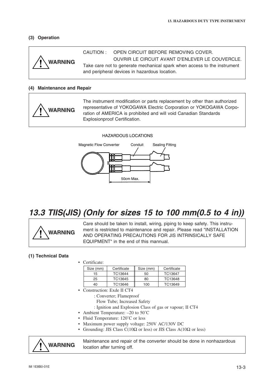 Warning | Yokogawa ADMAG CA User Manual | Page 10 / 10