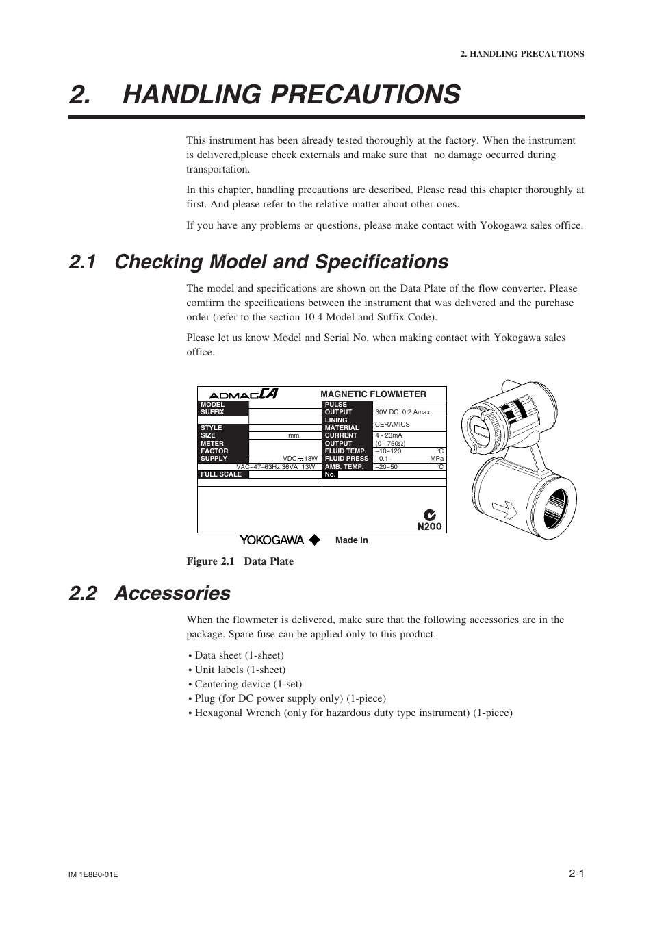 Handling precautions, 1 checking model and specifications, 2 accessories | Yokogawa ADMAG CA User Manual | Page 2 / 10