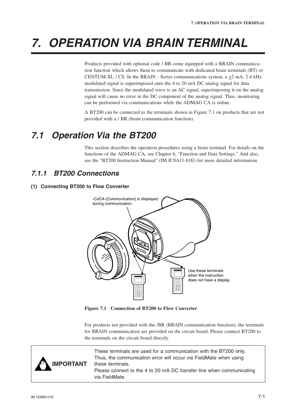Operation via brain terminal, 1 operation via the bt200, 1 bt200 connections | Yokogawa ADMAG CA User Manual | Page 4 / 10
