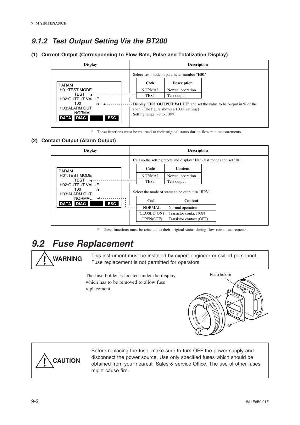 2 fuse replacement, 2 test output setting via the bt200, Caution warning | Yokogawa ADMAG CA User Manual | Page 5 / 10