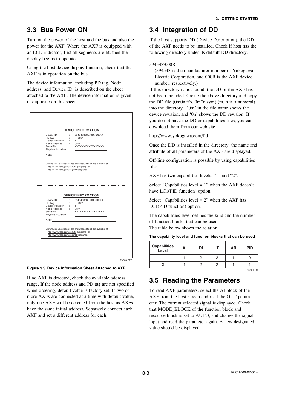 3 bus power on, 4 integration of dd, 5 reading the parameters | Bus power on -3, Integration of dd -3, Reading the parameters -3 | Yokogawa AXFA14G/C User Manual | Page 13 / 109