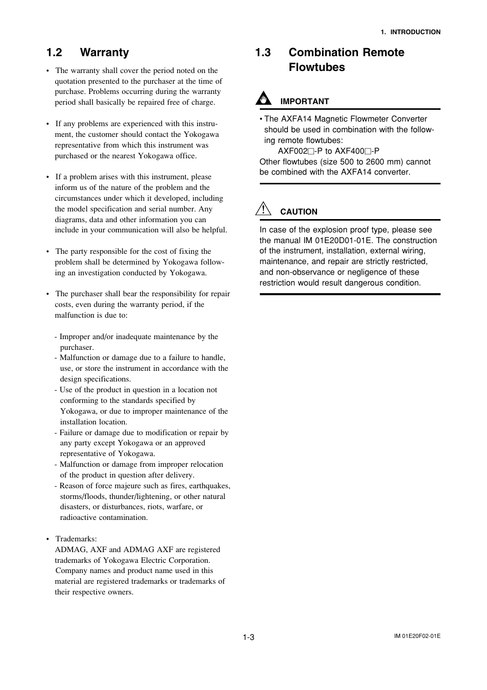 2 warranty, 3 combination remoteflowtubes, Warranty -3 | Combination remote flowtubes -3, 3 combination remote flowtubes | Yokogawa AXFA14G/C User Manual | Page 8 / 109