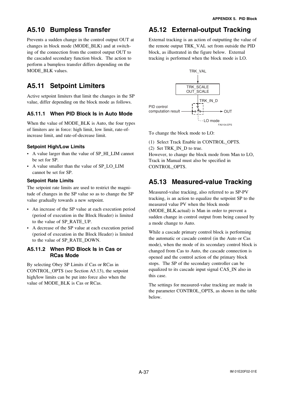 A5.10 bumpless transfer, A5.11 setpoint limiters, A5.11.1 when pid block is in auto mode | A5.11.2 when pid block is in cas orrcas mode, A5.12 external-output tracking, A5.13 measured-value tracking | Yokogawa AXFA14G/C User Manual | Page 96 / 109