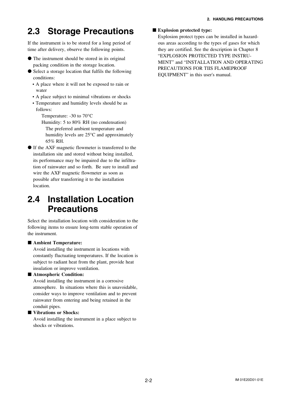 3 storage precautions, 4 installation locationprecautions, Storage precautions -2 | Installation location precautions -2, 4 installation location precautions | Yokogawa ADMAG AXF User Manual | Page 10 / 133