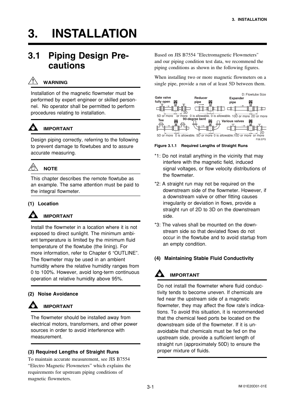 Installation, 1 piping design precautions, Installation -1 | Piping design precautions -1, 1 piping design pre- cautions | Yokogawa ADMAG AXF User Manual | Page 11 / 133