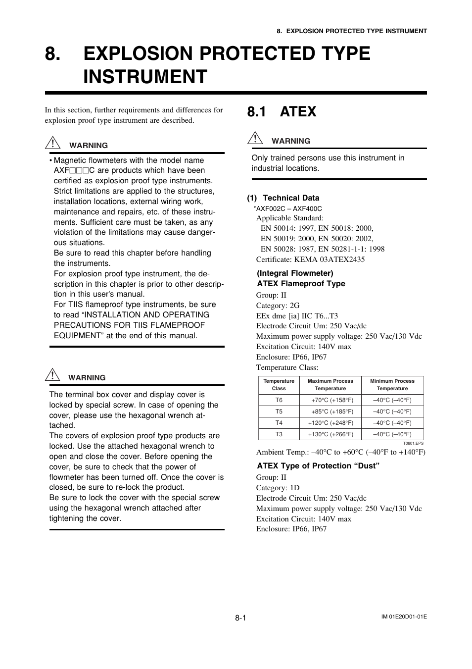 Explosion protected typeinstrument, 1 atex, Explosion protected type instrument -1 | Atex -1, Explosion protected type instrument | Yokogawa ADMAG AXF User Manual | Page 117 / 133