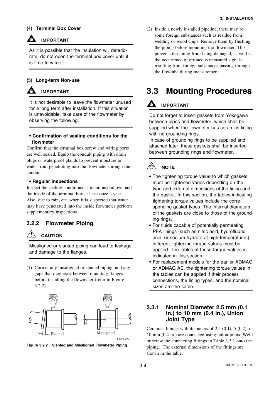 2 flowmeter piping, 3 mounting procedures, Flowmeter piping -4 | Mounting procedures -4 | Yokogawa ADMAG AXF User Manual | Page 14 / 133