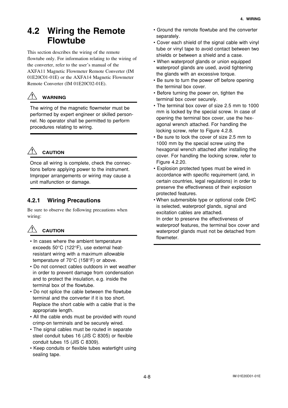 2 wiring the remoteflowtube, 1 wiring precautions, Wiring the remote flowtube -8 | Wiring precautions -8, 2 wiring the remote flowtube | Yokogawa ADMAG AXF User Manual | Page 42 / 133