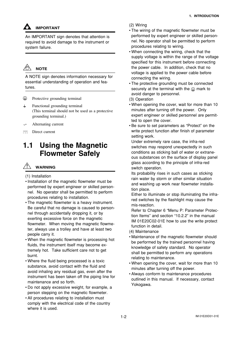 1 using the magneticflowmeter safely, Using the magnetic flowmeter safely -2, 1 using the magnetic flowmeter safely | Yokogawa ADMAG AXF User Manual | Page 5 / 133