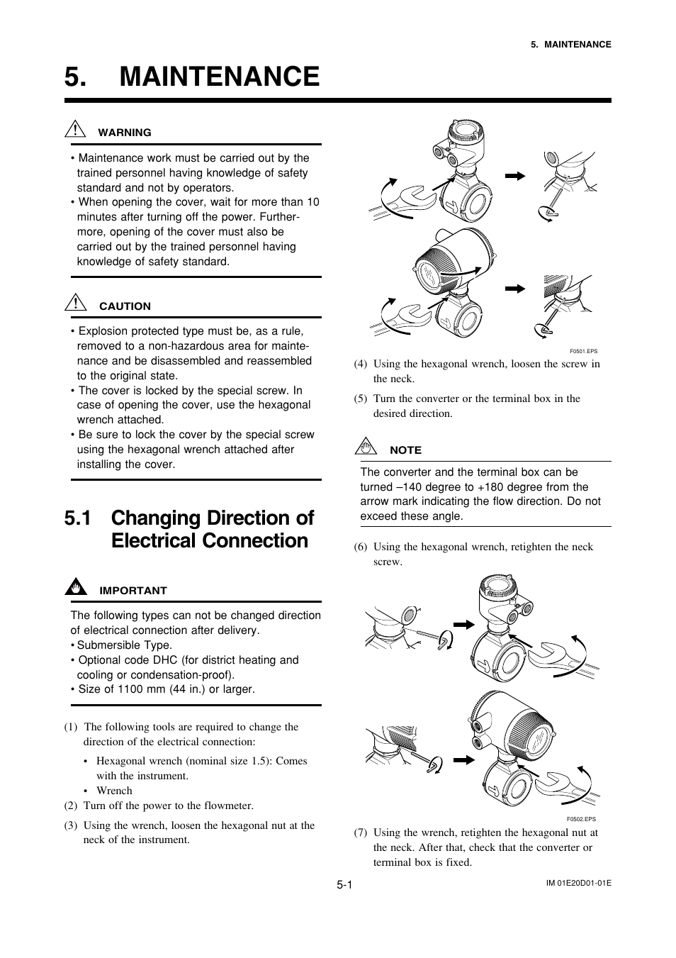 Maintenance, 1 changing direction ofelectrical connection, Maintenance -1 | Changing direction of electrical connection -1, 1 changing direction of electrical connection | Yokogawa ADMAG AXF User Manual | Page 50 / 133