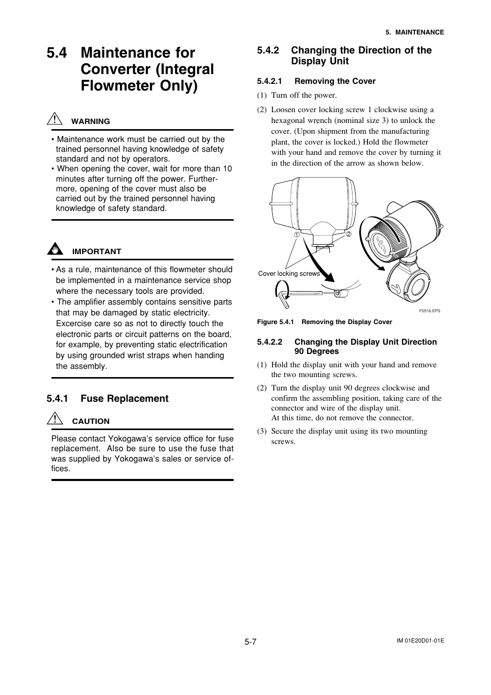 1 fuse replacement, 2 changing the direction of thedisplay unit, Fuse replacement -7 | Changing the direction of the display unit -7 | Yokogawa ADMAG AXF User Manual | Page 56 / 133