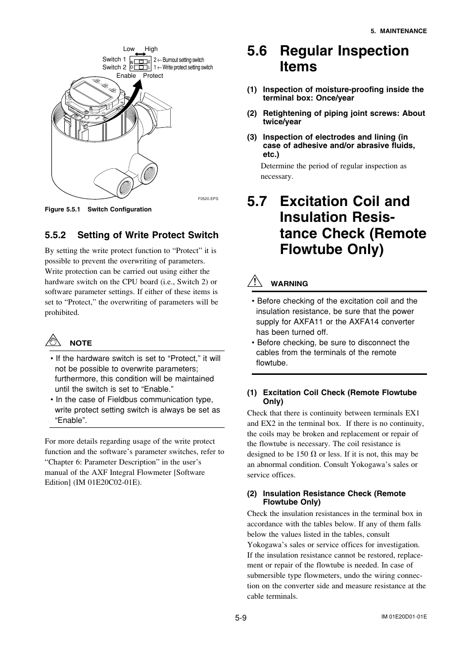 2 setting of write protect switch, 6 regular inspectionitems, Setting of write protect switch -9 | Regular inspection items -9, 6 regular inspection items | Yokogawa ADMAG AXF User Manual | Page 58 / 133