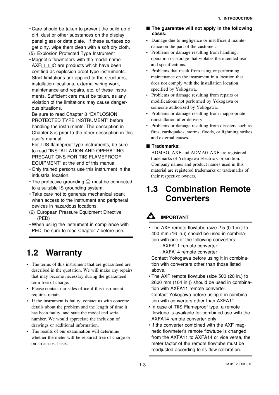 2 warranty, 3 combination remoteconverters, Warranty -3 | Combination remote converters -3, 3 combination remote converters | Yokogawa ADMAG AXF User Manual | Page 6 / 133