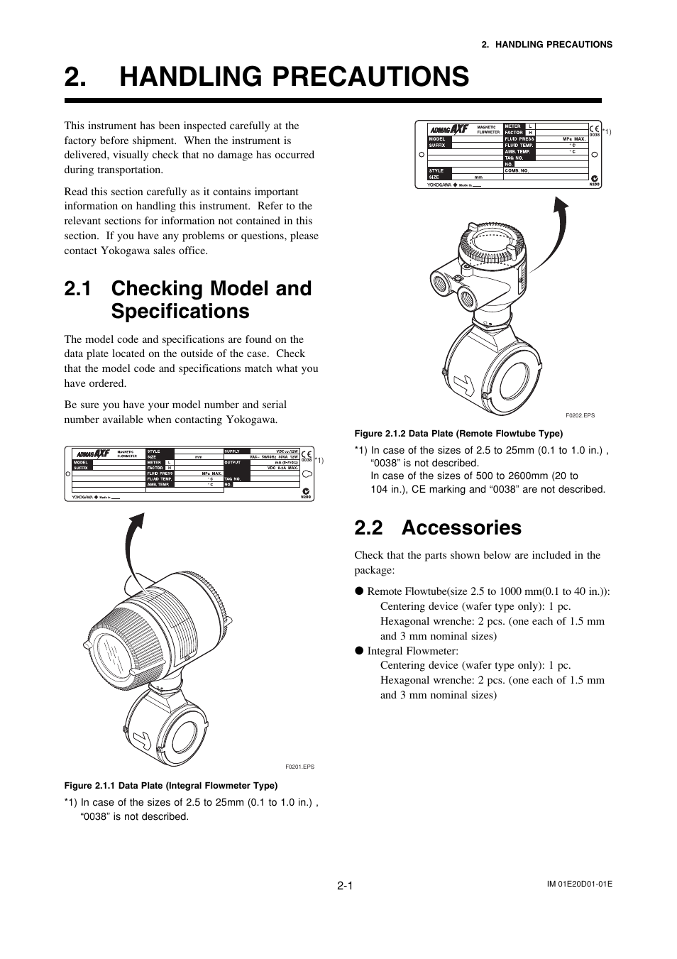 Handling precautions, 1 checking model andspecifications, 2 accessories | Handling precautions -1, Checking model and specifications -1, Accessories -1, 1 checking model and specifications | Yokogawa ADMAG AXF User Manual | Page 9 / 133