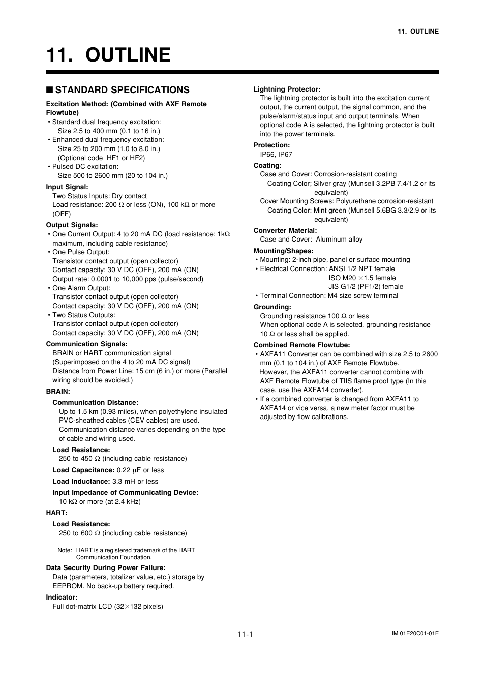 Outline, Outline -1, Standard specifications | Yokogawa ADMAG AXF User Manual | Page 102 / 112