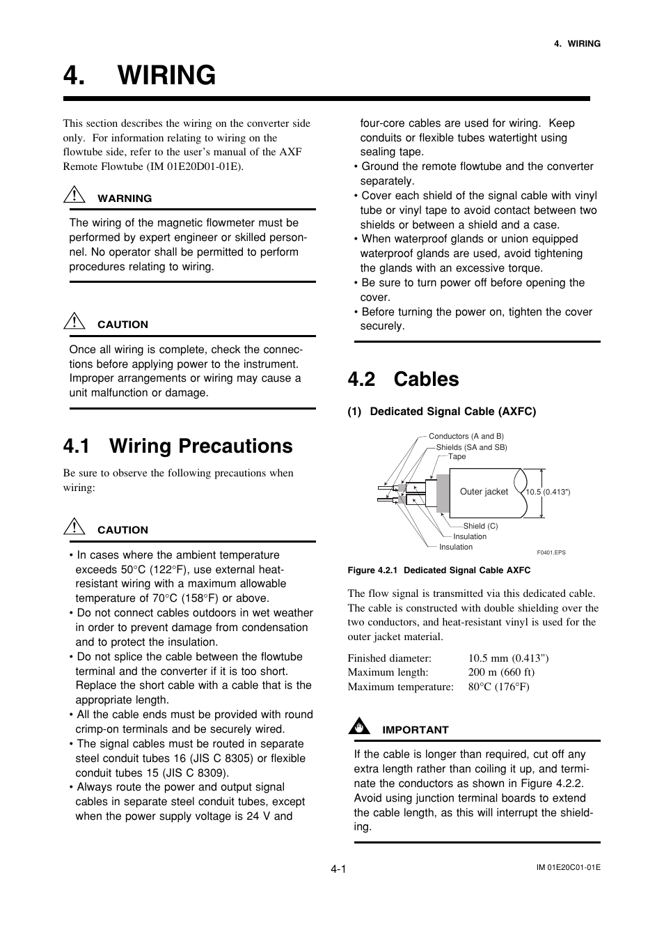 Wiring, 1 wiring precautions, 2 cables | Wiring -1, Wiring precautions -1, Cables -1 | Yokogawa ADMAG AXF User Manual | Page 11 / 112