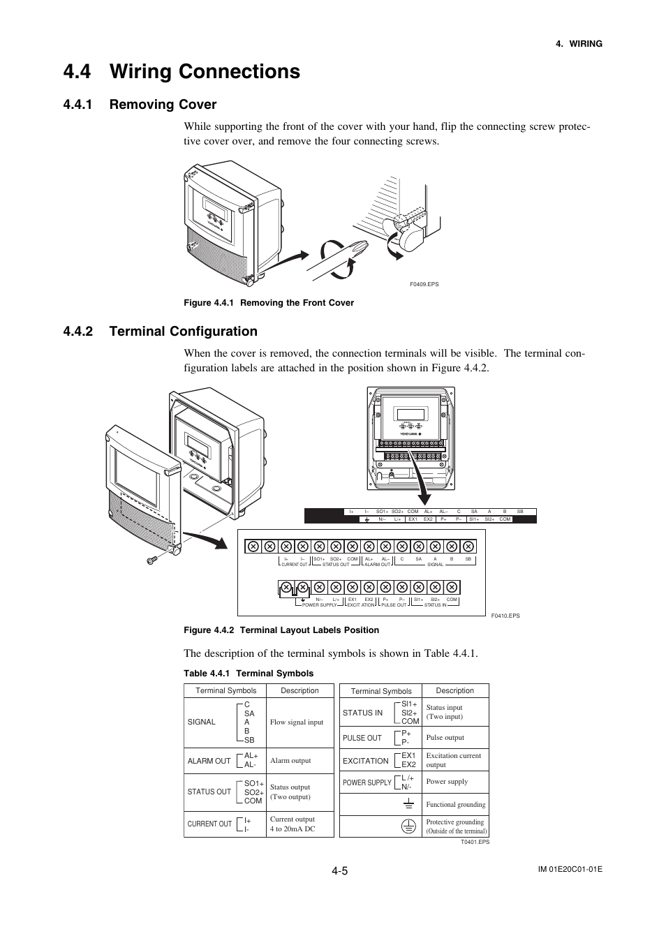 4 wiring connections, 1 removing cover, 2 terminal configuration | Wiring connections -5, Removing cover -5, Terminal configuration -5 | Yokogawa ADMAG AXF User Manual | Page 15 / 112