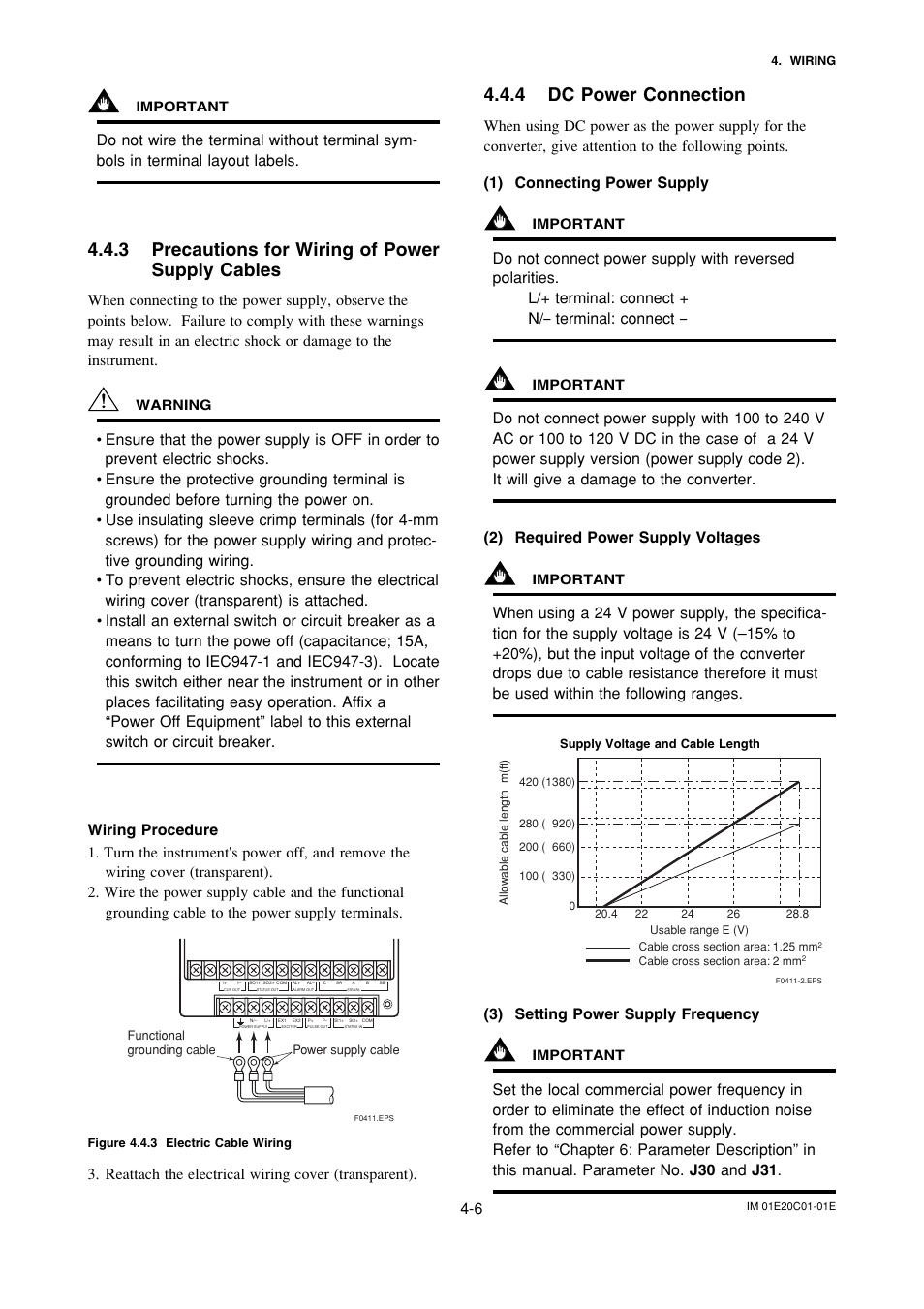 3 precautions for wiring of powersupply cables, 4 dc power connection, Precautions for wiring of power supply cables -6 | Dc power connection -6, 3 precautions for wiring of power supply cables, Reattach the electrical wiring cover (transparent), 3) setting power supply frequency | Yokogawa ADMAG AXF User Manual | Page 16 / 112