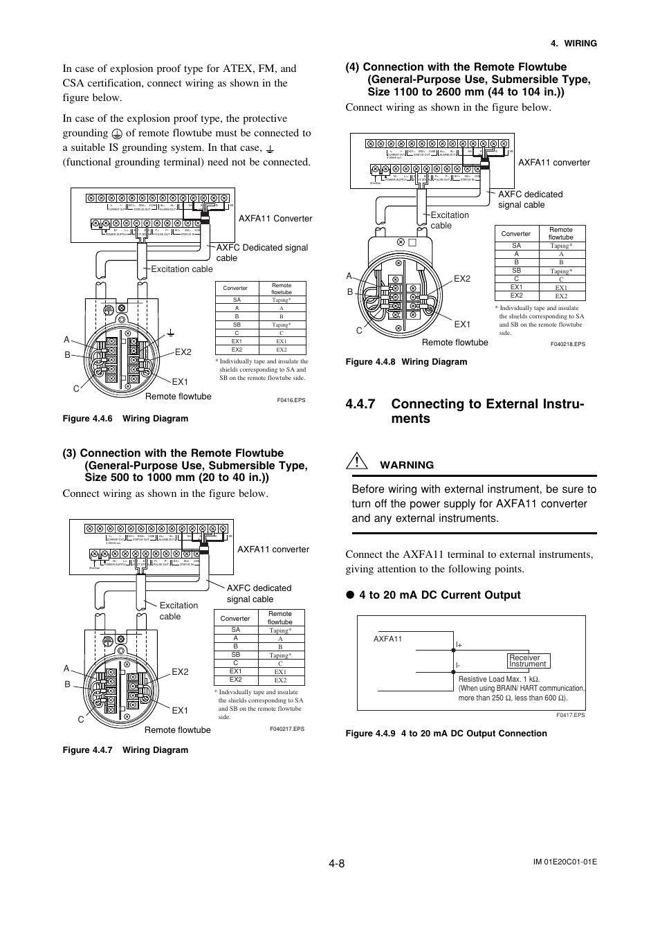 7 connecting to external instruments, Connecting to external instruments -8, 7 connecting to external instru- ments | Warning, Wiring, Axfa11 converter axfc dedicated signal cable, Axfa11 converter | Yokogawa ADMAG AXF User Manual | Page 18 / 112