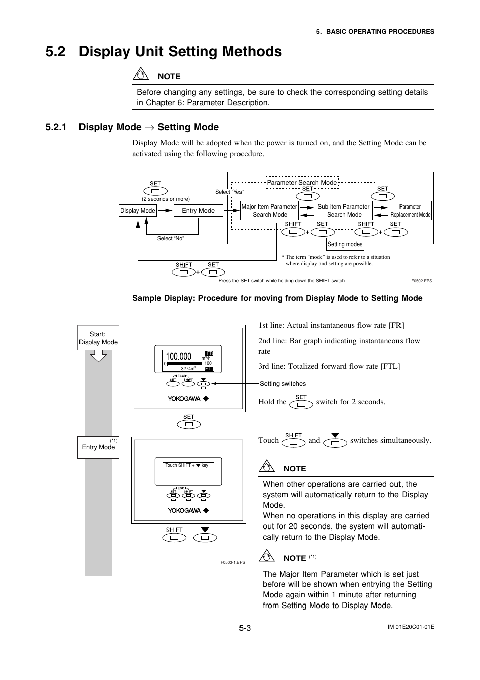 2 display unit setting methods, 1 display mode → setting mode, Display unit setting methods -3 | Display mode æ setting mode -3 | Yokogawa ADMAG AXF User Manual | Page 23 / 112