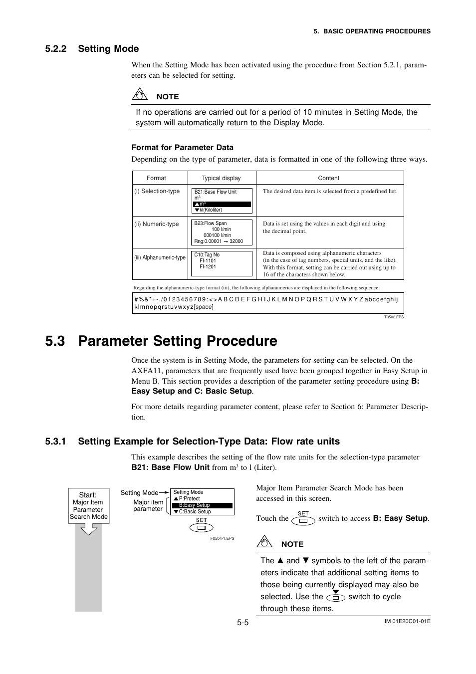 2 setting mode, 3 parameter setting procedure, Setting mode -5 | Parameter setting procedure -5 | Yokogawa ADMAG AXF User Manual | Page 25 / 112