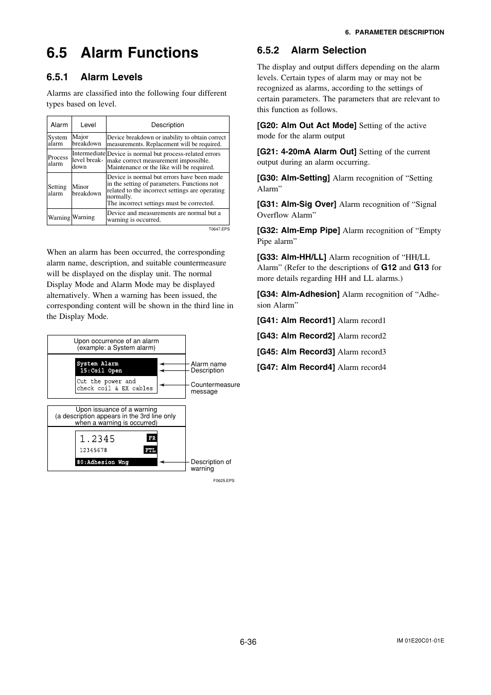 5 alarm functions, 1 alarm levels, 2 alarm selection | Alarm functions -36, Alarm levels -36, Alarm selection -36 | Yokogawa ADMAG AXF User Manual | Page 65 / 112