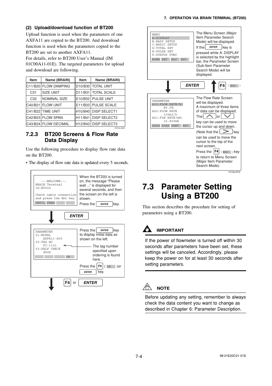 3 bt200 screens & flow ratedata display, 3 parameter settingusing a bt200, Bt200 screens & flow rate data display -4 | Parameter setting using a bt200 -4, 3 parameter setting using a bt200, 3 bt200 screens & flow rate data display | Yokogawa ADMAG AXF User Manual | Page 73 / 112