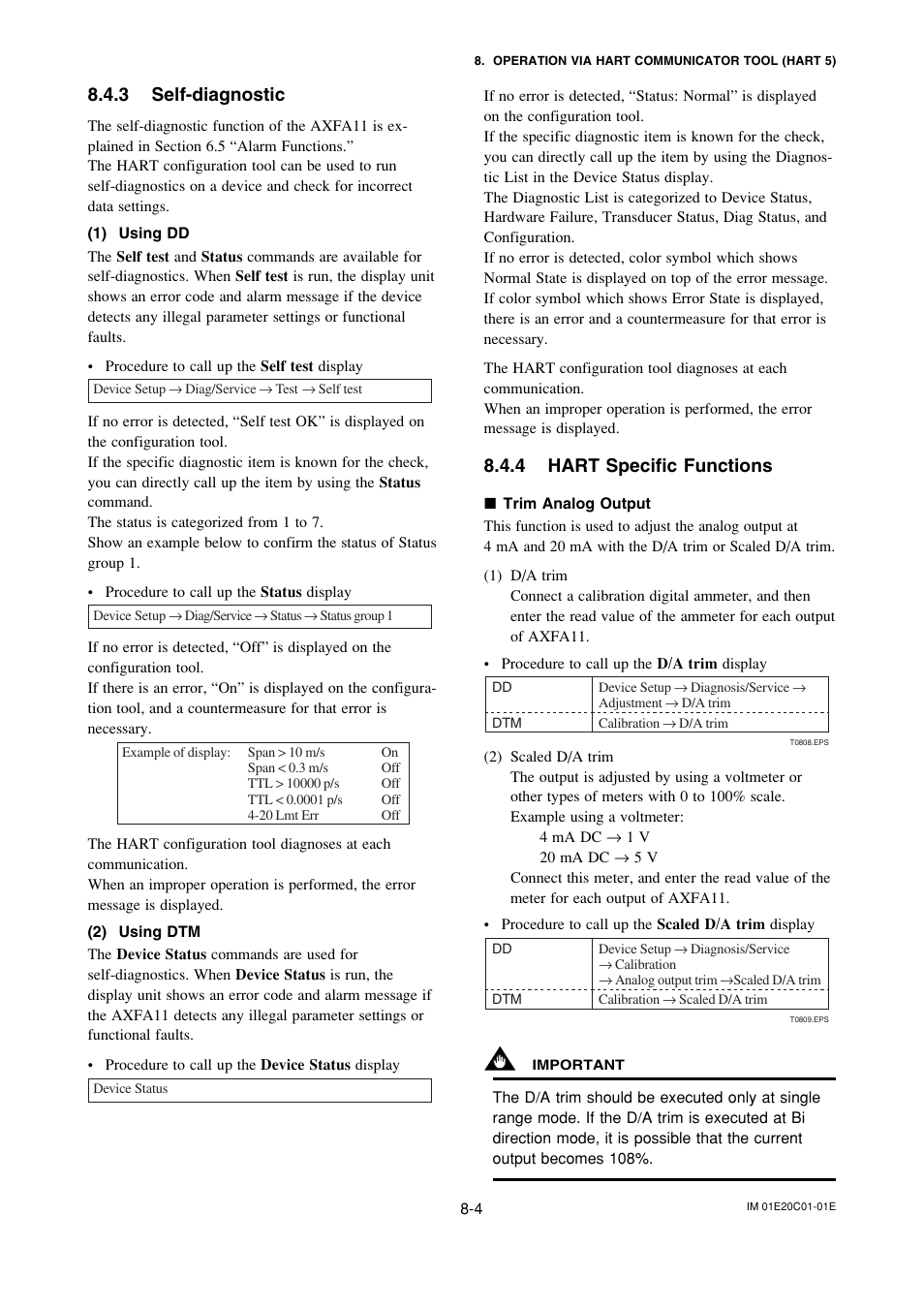 3 self-diagnostic, 4 hart specific functions, Self-diagnostic -4 | Hart specific functions -4 | Yokogawa ADMAG AXF User Manual | Page 80 / 112