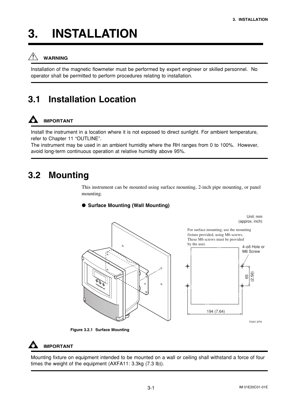 Installation, 1 installation location, 2 mounting | Installation -1, Installation location -1, Mounting -1 | Yokogawa ADMAG AXF User Manual | Page 9 / 112