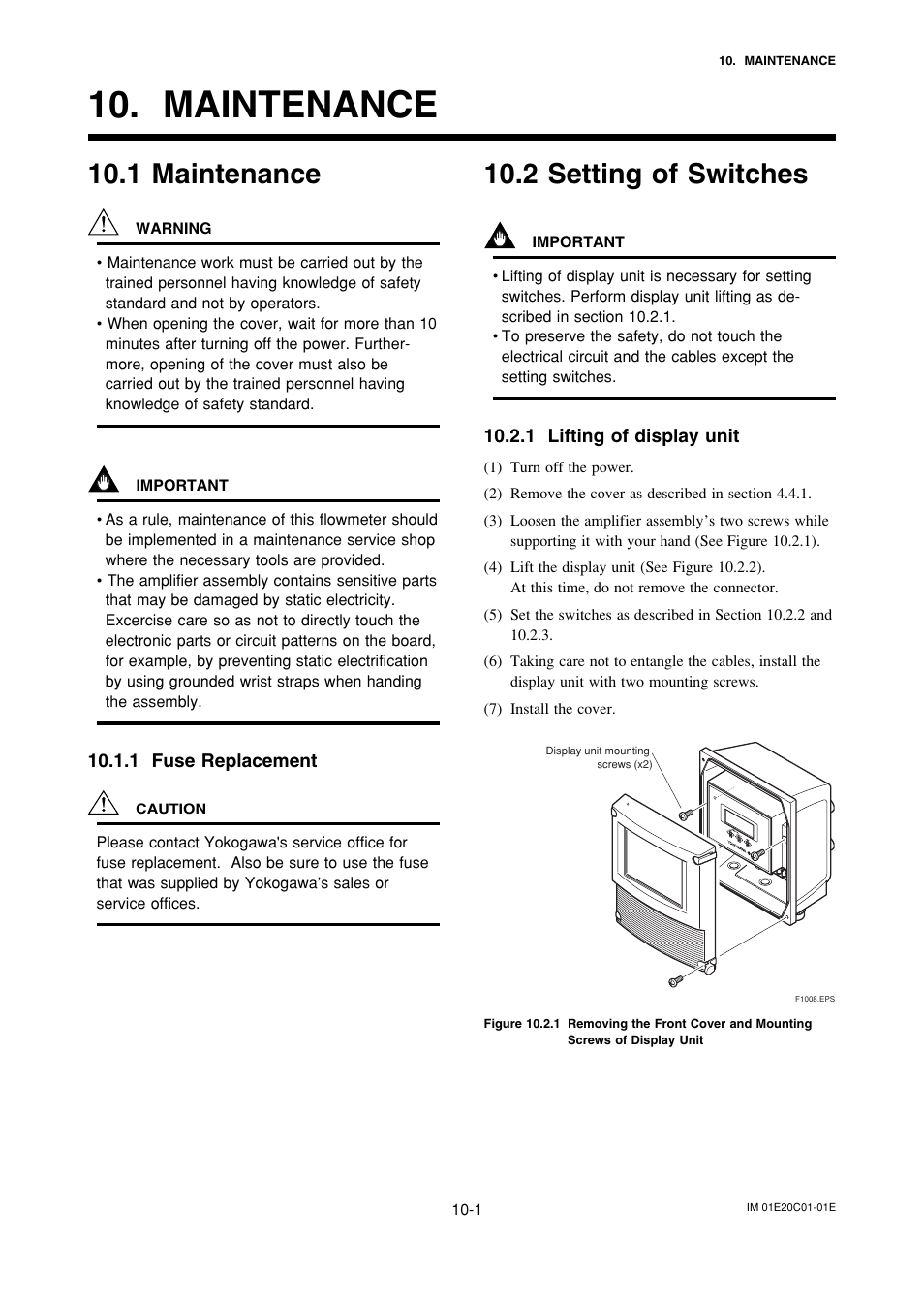 Maintenance, 1 maintenance, 1 fuse replacement | 2 setting of switches, 1 lifting of display unit, Maintenance -1, 1 fuse replacement -1, Setting of switches -1, 1 lifting of display unit -1 | Yokogawa ADMAG AXF User Manual | Page 97 / 112