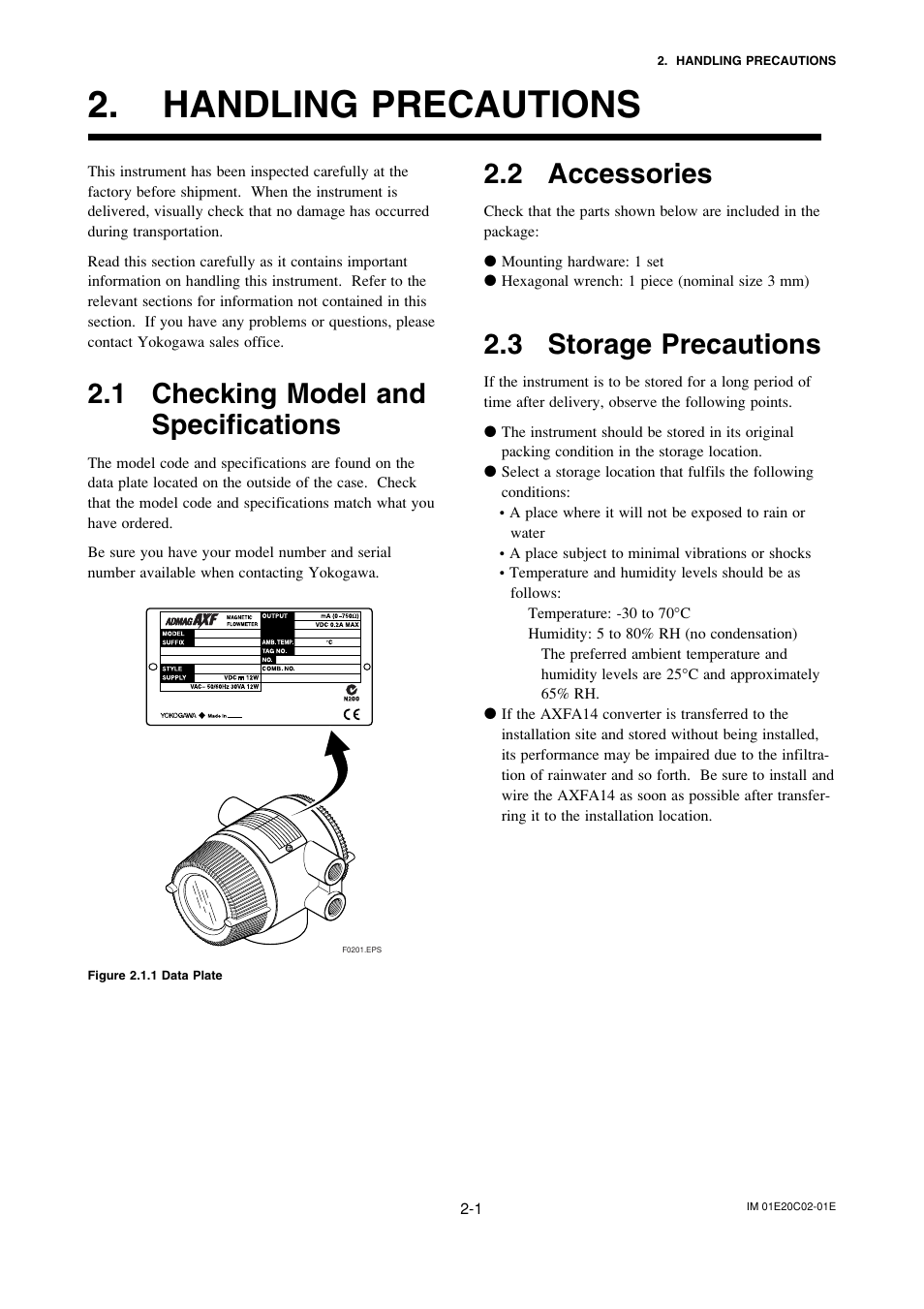 Handling precautions, 1 checking model andspecifications, 2 accessories | 3 storage precautions, Handling precautions -1, Checking model and specifications -1, Accessories -1, Storage precautions -1, 1 checking model and specifications | Yokogawa AXFA14G/C User Manual | Page 10 / 123