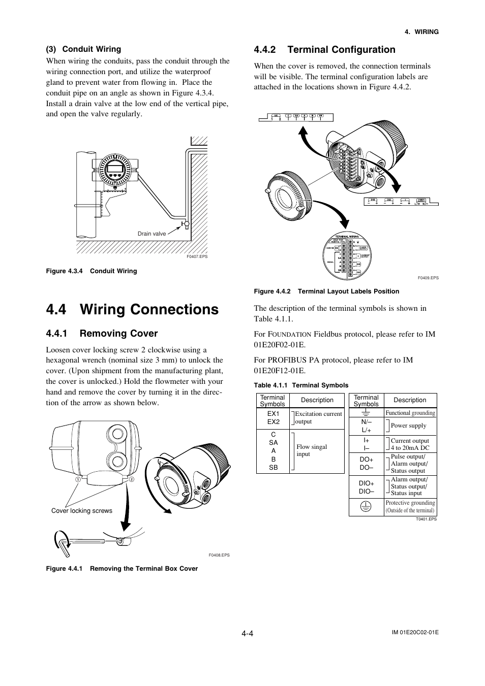 4 wiring connections, 1 removing cover, 2 terminal configuration | Wiring connections -4, Removing cover -4, Terminal configuration -4 | Yokogawa AXFA14G/C User Manual | Page 16 / 123