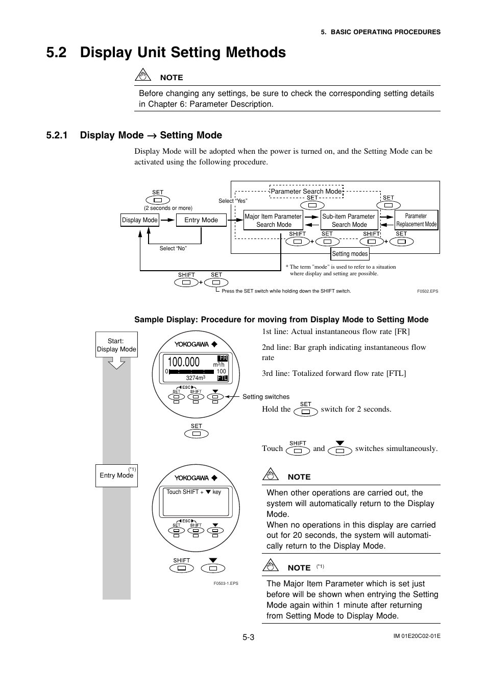 2 display unit setting methods, 1 display mode → setting mode, Display unit setting methods -3 | Display mode æ setting mode -3, 1 display mode → → → → → setting mode | Yokogawa AXFA14G/C User Manual | Page 23 / 123
