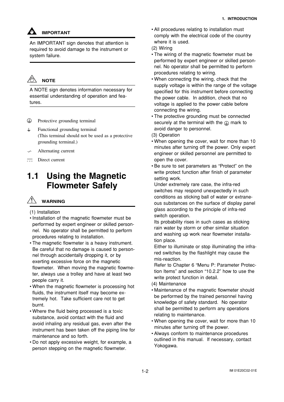 1 using the magneticflowmeter safely, Using the magnetic flowmeter safely -2, 1 using the magnetic flowmeter safely | Yokogawa AXFA14G/C User Manual | Page 6 / 123