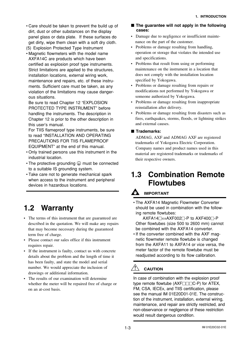 2 warranty, 3 combination remoteflowtubes, Warranty -3 | Combination remote flowtubes -3, 3 combination remote flowtubes | Yokogawa AXFA14G/C User Manual | Page 7 / 123